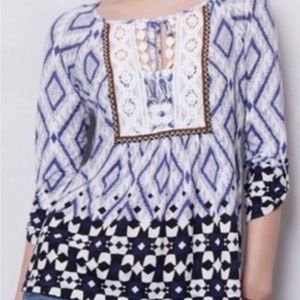 Anthropologie ikat print tie neck boho blouse